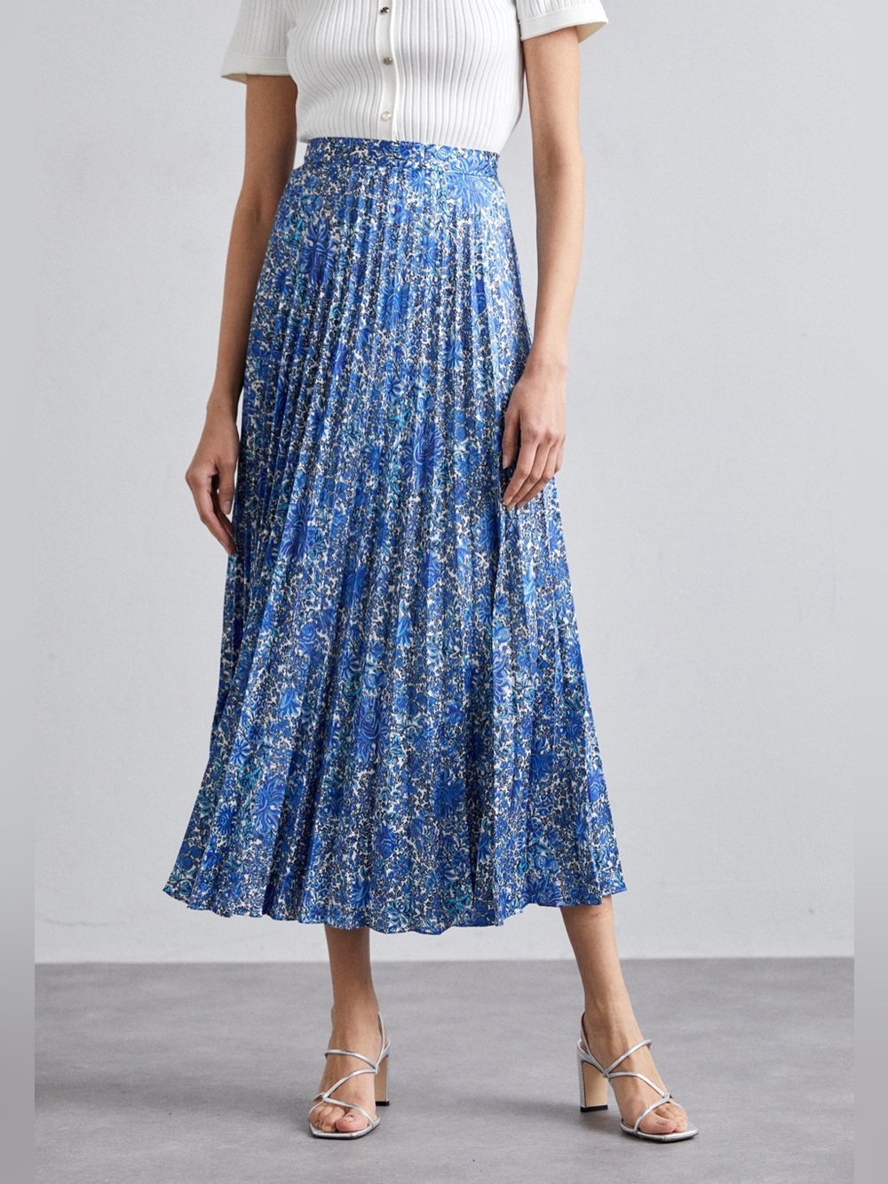 Sandro Paris Blue Floral Pleated Maxi Skirt